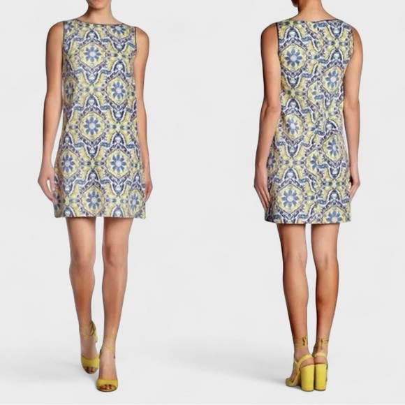 Betsey Johnson Yellow Blue China Plate Pattern Sleeveless Shift Dress Size 2 - Picture 4 of 13